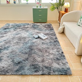 Faux Fur Tie-Dyed Black White Gray Area Rug for Bedroom Living Room Sofa,8'X10' Fluffy Shaggy Rectangular Square Rug for Kids Teen Girls Room,Furry Carpet for Nursery Baby Room Decor for Teenage