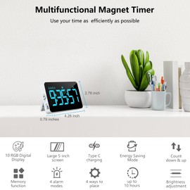 (2 Packs) Rechargeable Timers，Digital Kitchen Timer with 10 Dynamic RGB Color, Magnetic Classroom Timer with Countdown/up with 5”LED Display 3 Brightness 4 Volume Adjustable
