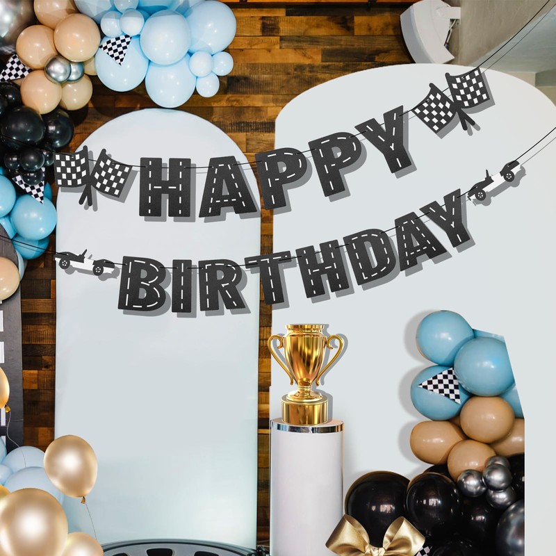 Race Car Birthday Banner, Glitter Black Racing Themed Birthday Banner
