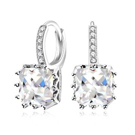 Uloveido Platinum Plated White CZ Zircon Sparkle Crystal Square Hoop Lever Back Earrings Wedding for Women BME169 (White)