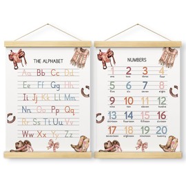 Abc Posters for Toddlers, Educational Posters for Toddlers 1-3, Toddler Learning Poster with Wooden Frames, Western Cowgirl Alphabet Poster Nursery Playroom Decor, 12x16 inch Set of 2 (B05)