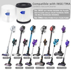 High-Efficiency Filter Replacement for INSE N5S N5T S6T S6P Pro S610/TMA T120 T121 T151 T150 T220 T210 T181 T180 T220 Cordless Vacuum Cleaner -6 pack+1pc Brush