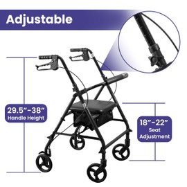 Steel Rollator Walker with Seat – Black Height Adjustable Walkers for Seniors with 6 inch Wheels, Hand Grips, and Padded Seat – 300 lb Weight Capacity