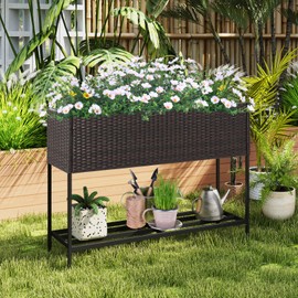 HAPPYGRILL Elevated Planter Box, Raised Garden Bed w/Rattan Surface, Bottom Storage Shelf, Removable Liner, Drainage System, Wicker Planting Bed w/Legs for Vegetables Flowers (40” x 12” x 28”)