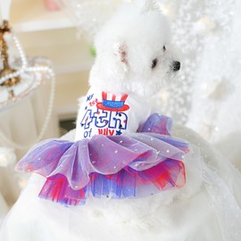 JAAQUCD Blue Small Dog Dress with Leash Ring Gorgeous Cat Wedding Dresses Bow Knot Girl Puppy Clothes Pet Party Outfit for Holiday Birthday Engagement Valentines (4th of July, Small)