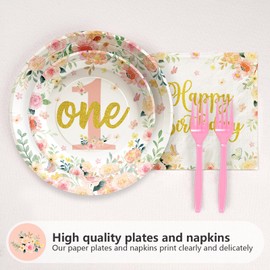 Grencian 96Pcs Baby Girl 1st Floral Birthday Decorations Floral 1st Birthday Party Plates Disposable Floral Isn’t She Onederful Tableware Set for 1st Baby Girls Birthday Party Supplies, Serves 24