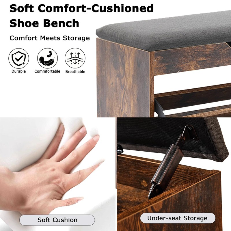 Shoe Storage Bench with Flip Drawers & Lift Top Storage