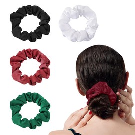 QEDBOJE Pack of 4 Hair Bobbles Silk Scrunchies Satin for Women Hair Scrunchies Soft Elastic Silk Skrunschis Large (4 Colours - Burgundy, Green, White, Black)