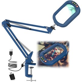 IVMAIE 10X Rectangle Magnifying Glass with Light, 5 Color Modes Stepless Dimmable Magnifier with Stand, LED Lighted Clamp Desk Lamp with Swing Arm, Hands Free for Reading Painting Close Work - Blue