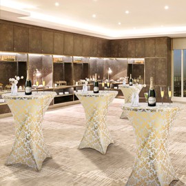 ANMINY Cocktail Table Covers Bronzing Gold Flower Print Removable Washable Spandex Stretch Decorative Fitted Tablecloth for 24x43 Inch Highboy Four-Way Round Bar Banquet Tables - Gold Flower