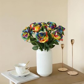Laelfe 12 PCS Artificial Flowers Rainbow Roses Silk Flowers Fake Long Stem Artificial Colorful Roses for Christmas Home Wedding Bathroom Kitchen Decorations (Colorful)