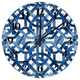 Minimalist Wood Clock Silent Non-Ticking Numbers Battery Operated Blue and White Geometric Turkish Ikat Navy Blue Trellis Wood Clocks Decorative Wooden Wall Decor for Restaurant Home Art Room 15"