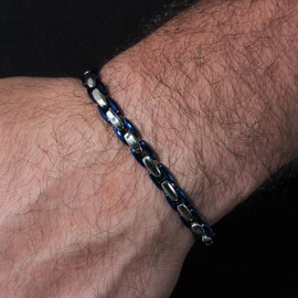 Men's Two-Tone Link Chain Bracelet - Stainless Steel, Polished Blue Finish, 9"