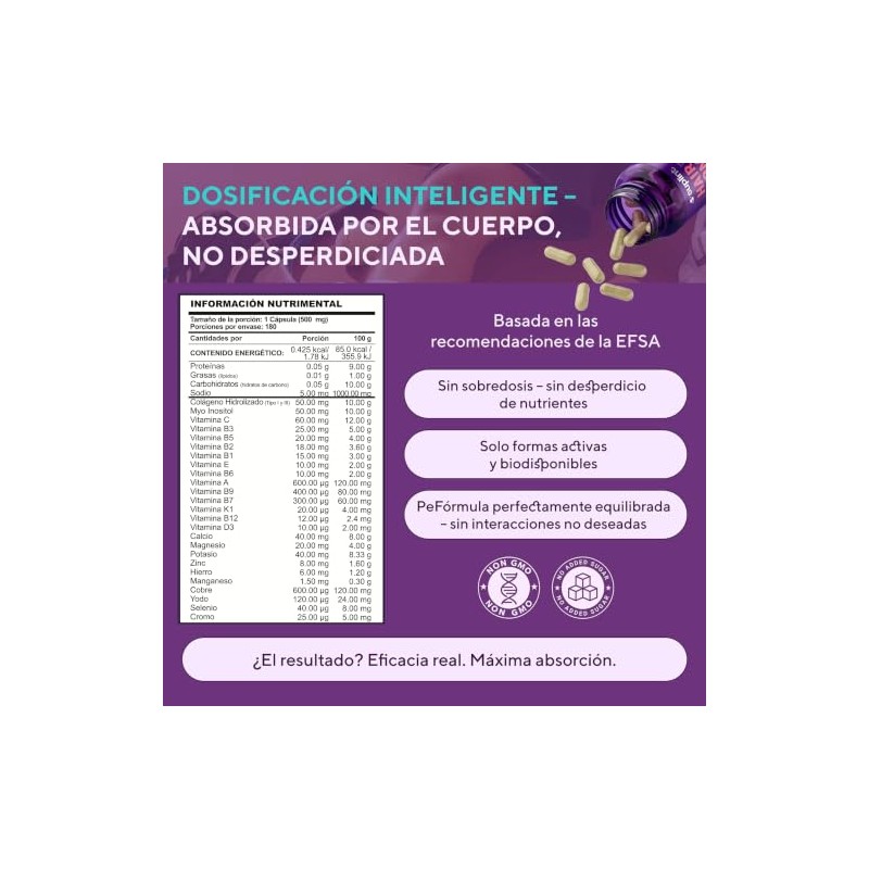 Vitaminas para Mujer con Colágeno Hidrolizado, Inositol, Biotina, Ácido Fólico