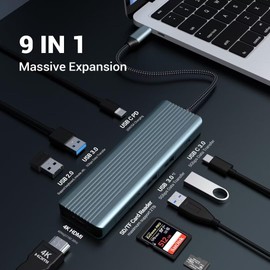 Tymyp 9 in 1 USB-C Hub, Docking Station with 4K@30Hz HDMI, USB-C Adapter, 3 x USB 3.0, USB-C 3.0 Data Transfer, 1 x USB 2.0, 100W PD, SD/TF Card Reader, Compatible with Laptop and Other