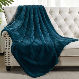 Home Soft Things Sculpted Stripe Plush Faux Fur Throw Blanket with Micromink Back, Luxurious Fuzzy Furry Reversible Blanket for Couch Sofa Chair Bed Living Room Bedroom, 50" x 60", Teal