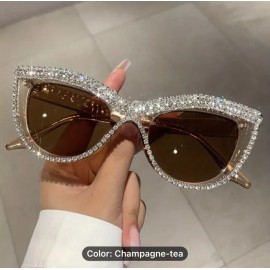 For Women Vintage style cat eye sunglasses bling Rhinestone Champagne Tea Retro Sparkly