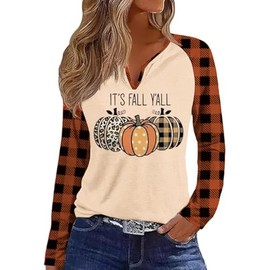 Women's It's Fall Y'all V Neck Shirts Funny Plaid Polka Dot Pumpkin Long Sleeve Graphic Tee Holiday Family Party Gift Raglan Tops（M,A-Apricot-2）