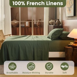 Overket 100% Linen Sheets Queen Size,Breathable & Durable 4-Piece Bed Flax Sheet Set,Soft All-Season Bedding for Hot Sleepers 16" Deep Pocket Oeko-TEX Certified,（Queen, Forest Green）