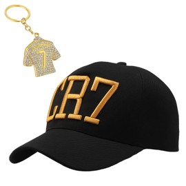 2PCS Set Cr7 Kid's Baseball Hat Boys, Football Themed Baseball Cap 54-60cm and Golden Number 7 Keychain, Adjustable Cap for Kids, Ideal for Football Games and Casual Wear, Cool Outfit for Boy Black