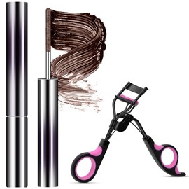 Máscara de Pestañas con Varita Metálica, Iron Wand Mascara Waterproof, Larga Duración, Volumen 3D y Rizado sin Grumos, Cepillo Metálico Lavable, Incluye Rizador de Pestañas, Marrón