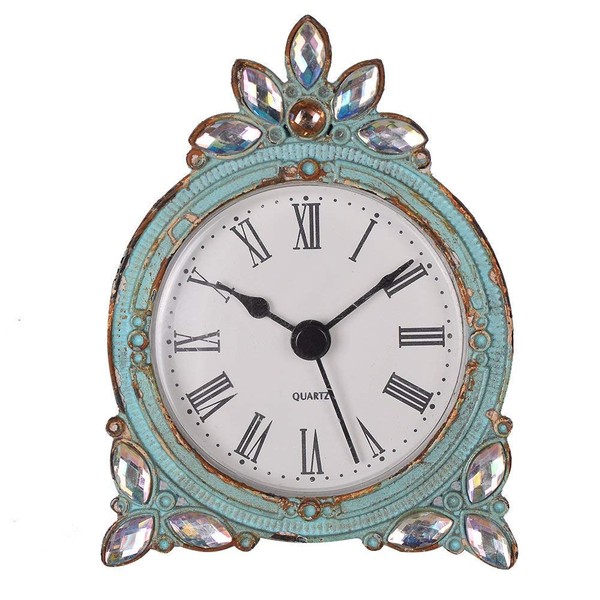 NIKKY HOME Pewter Pretty Small and Cute Vintage Table Clock with Quartz Analog Crystal Rhinestone 3 Inch for Living Room Bathroom Decoration, White Enamel