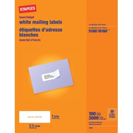 Staples White Mailing Labels for Laser Printers, 1 x 2.62 Inch, 100 Sheets, 3000 Labels