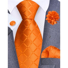 GUSLESON Mens Orange Tie for Wedding Solid Silk Plaid Checkered Necktie Pocket Square Cufflinks and Lapel Pin Brooch Set (6104-23)