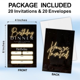 Tabyon 20 Birthday Dinner Invitations With Envelopes - Glow Black & Gold - Double-Sided Fill In Style Birthday Invite Cards For Kids,Teens,Adults, Party Favor & Decorations - B05
