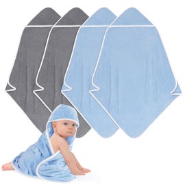 UNIMADE Hooded Towel for Newborns, 4 Pack Soft Coral Fleece Baby Bath Towels, Ultra Absorbent Baby Towels Bulk for Infants, Toddlers, Newborn Essential- 30 x 30 inch - Grey & Blue