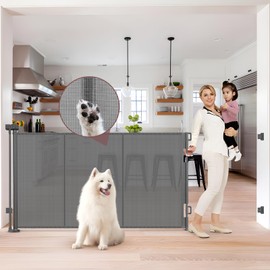 GRENFU Reinforced 41 Inch Extra Tall Pet Gate, 80 Inch Extra Wide, Retractable Baby Gate with Support Rods, Gray, Metal Frame with Mesh Fabric, Ideal for Dogs and Babies