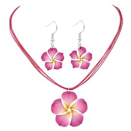POYAMUSE Hawaiian Colorful Plumeria Flower Necklace Earrings Set - Tropical Beach Party Accessories for Women Vacation Luau Events Jewelry-rose