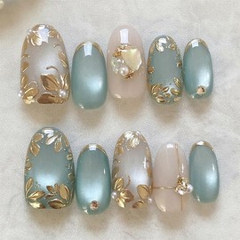 30 Pcs Handmade Press on Nails Short Almond Nail Tips,YEFIUO Cat's Eye Acrylic Fake Nails Press ons 5D Embossed Golden Leaves Design Glue on Nails Full Cover Reusable False Nail Art Kit for Ma'am