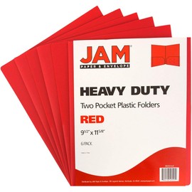 JAM PAPER Heavy Duty Plastic 2 Pocket Extra Tough School Folders - Red - 6/Pack