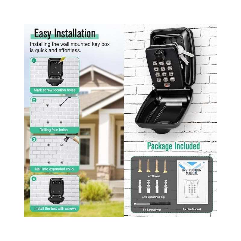 Key Lock Box, Wall Mounted Key Storage Box with 12-Digit