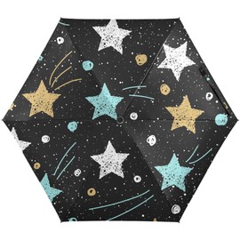 Doodle Stars Circles Gold, Blue and White Black Galaxy Space Small Mini Anti-UV Compact Travel Umbrella, 5 Folding Ultra-Light Umbrella, 6 Ribs Pocket Windproof Foldable Vinyl Parasol