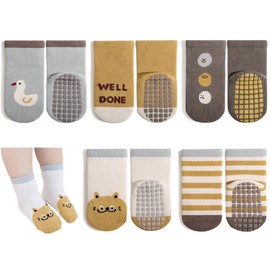 Exemaba Baby Anti Slip Socks 5 Pairs Toddler Cute Animal Crew Slipper Socks for Boys Girls(Blue Duck,M)