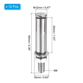 PATIKIL M8 x 60mm Expansion Bolts, 12Pcs 304 Stainless Steel Expansion Screw Bolts Sleeve Anchoring Fastener for Wall Concrete Brick Wall Drywall Air Conditioner, Silver