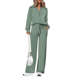 PRETTYGARDEN Women's 2 Piece Outfits Casual Lapel Half Zip Sweatshirts And Wide Leg Pants Tracksuit Sets (Grey Green,Medium)