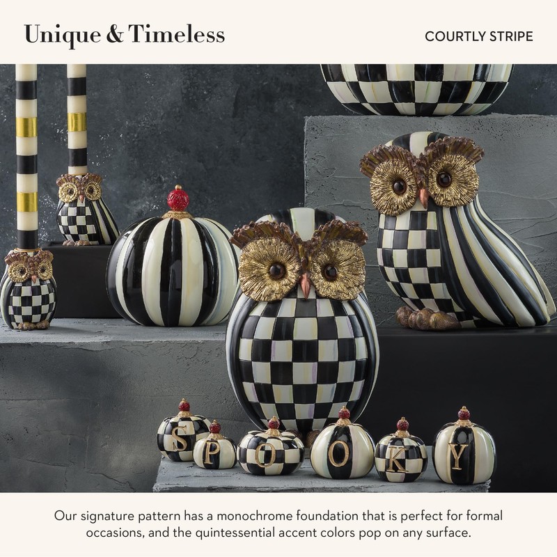 MACKENZIE-CHILDS Owl, Fall Owl Decor for Home, Black-and-White Courtly Stripe