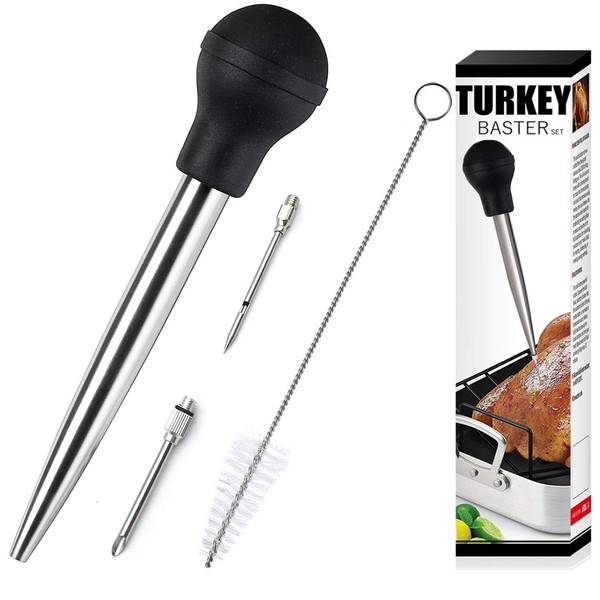 Stainless Steel Turkey Baster With Cleaning Brush - Food Grade Syringe Baster For Cooking & Basting With 2 Marinade Injector Needles - Ideal For Butter Dripping, Roasting Juices For Poultry (Black)