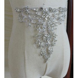 Sparkle Rhinestone Applique Crystal V-Neck Motif Lace Pair Embellished Bling Addition for Shoulder Bodice Party Wedding Dress Accessories (Silver)