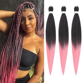 Firstcyh Hair Pre Stretched Braiding Hair Extensions -Hot Water Setting Omber Braiding Crochet Hair PreStretched Braiding Hair braids Extensions (26 Inch (Pack of 3), 1B/Pink#)