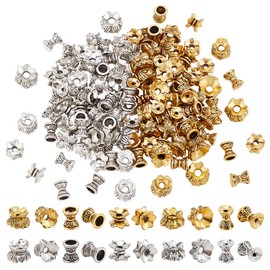 PH PandaHall 120pcs 10 Styles Flower Spacer Beads Tibetan Spacer Beads Metal Craft Beads Silver Double End Beads Golden Jewelry Loose Beads for Bracelet Necklace Earring Jewelry Making