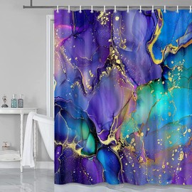 Coveimes Purple Marble Shower Curtain for Bathroom, Blue Abstract Bath Curtains, Gold Ombre Morden Waterproof Fabric Curtains Set with 12 Hooks