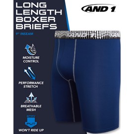 AND1 Mens Boxer Briefs-6 Pack Stretch Long Leg Compression Underwear with Mesh Contour Pouch-Supportive Fit for Everyday Wear, Size Medium, Black/Charcoal Grey/Blue Depths/Black/Sky Blue