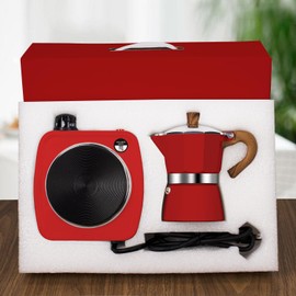 DITOSH 2-in-1 Moka Pot Espresso Set with Electric Stove 3 Cup Aluminum Stovetop Coffee Maker Percolator Italian Classic Mocha Coffee Machine for Italian and Cuban Cafe Brewing Portable Camping Red