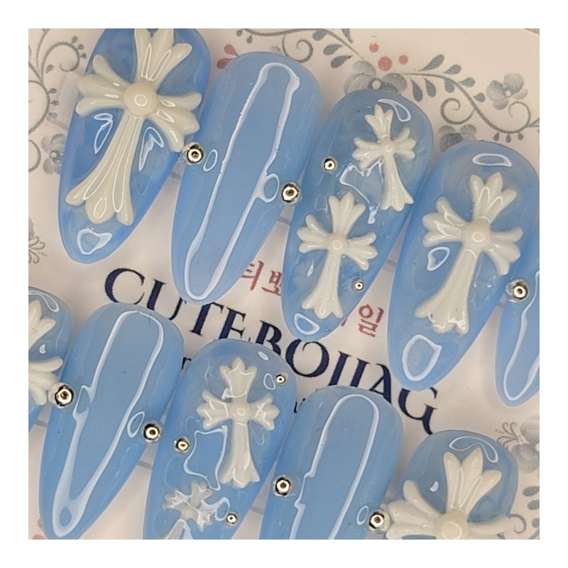 Blue Serenity Cross Handmade Nail Tips - Ballerina / 블루