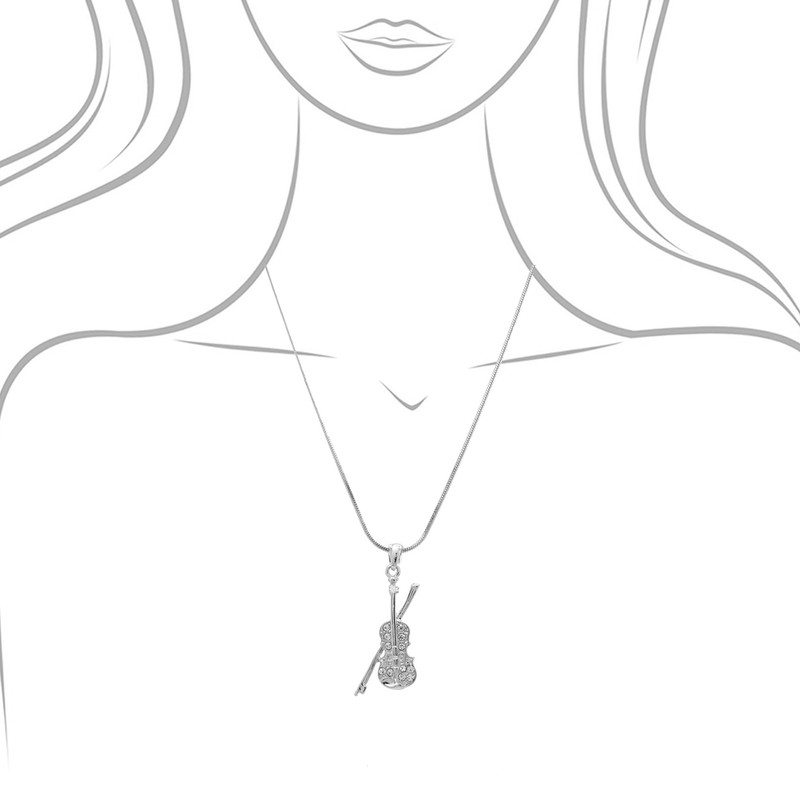 Spinningdaisy Silver Plated Crystal Violin with Bow Necklace