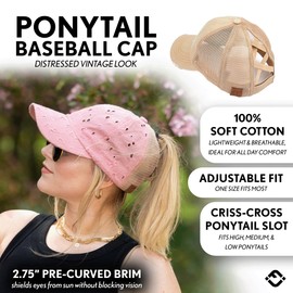 Funky Junque Women's Distressed Trucker Hat with Crisscross Ponytail Holes Messy Bun Ball Cap for High Bun - Cotton Eyelet - Rose